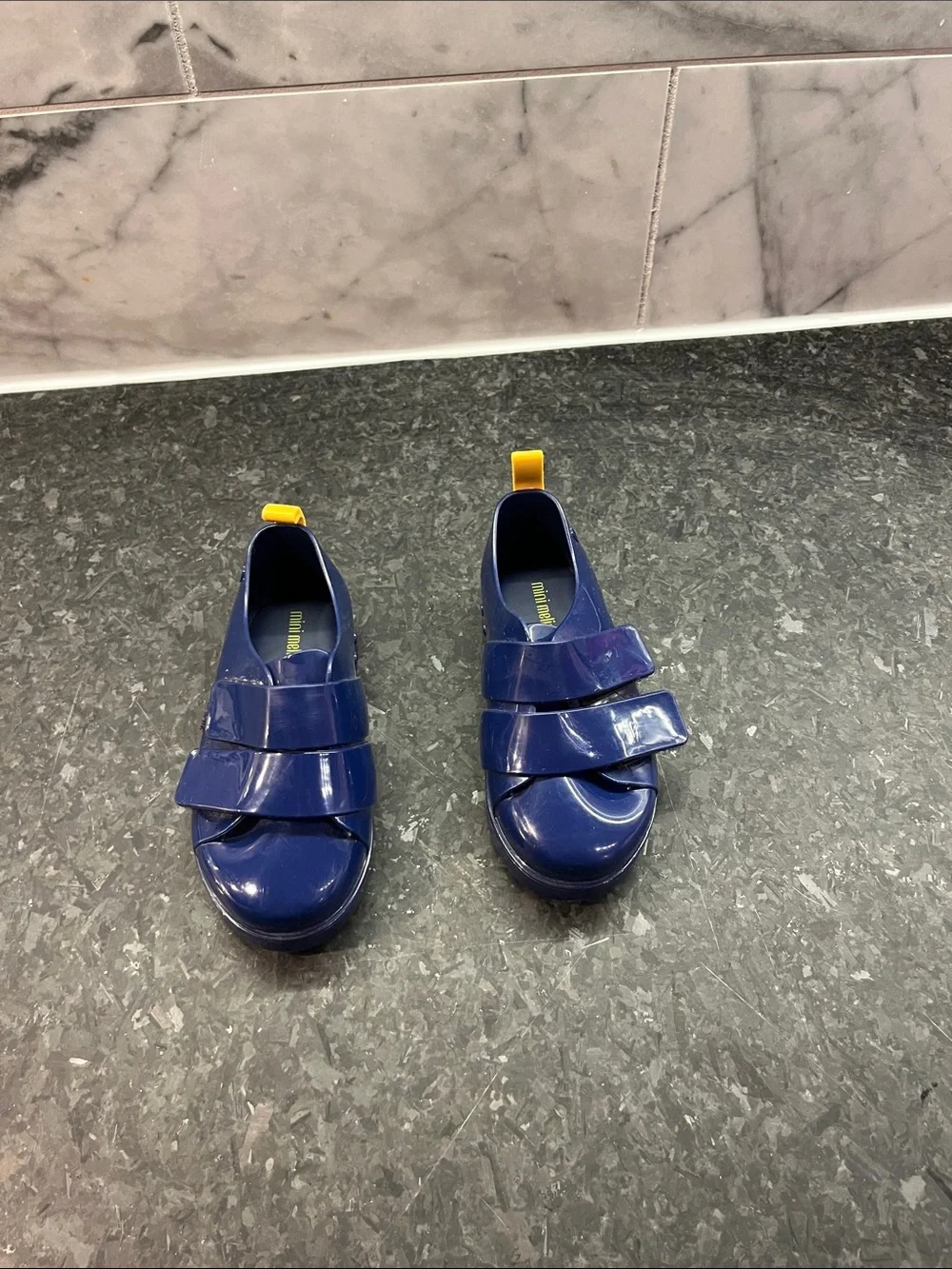 Kids MINI MELISSA Navy Blue Slip-On Shoes with Yellow Pull Tab